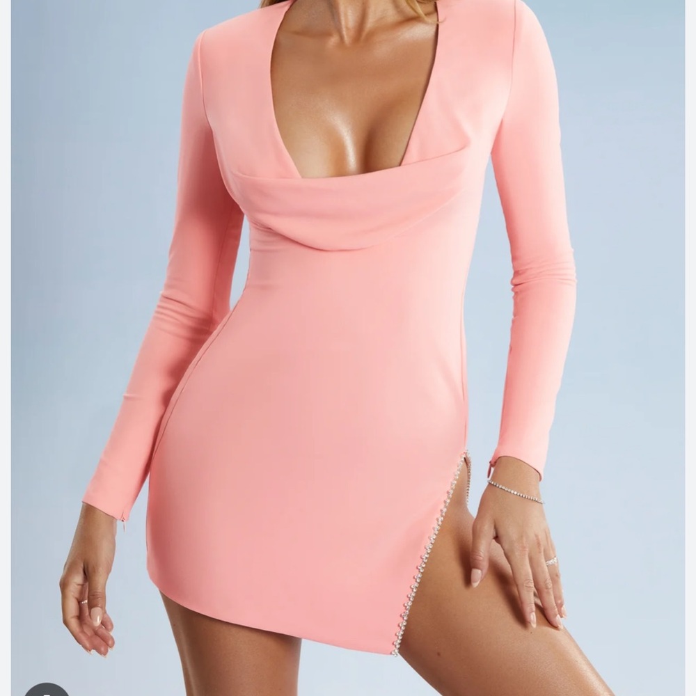 NWT Tate Cowl Neck Thigh Split Mini Dress in Blush